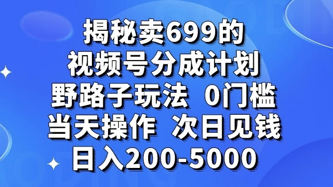 揭秘卖 699 的视频号分成计划野路子玩法,日入 200-5000,0 门槛,当天操作,次日见钱