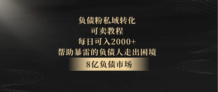 8亿负债市场,负债粉私域转化,可卖教程,每日可入2000+,无需经验(包含资料)