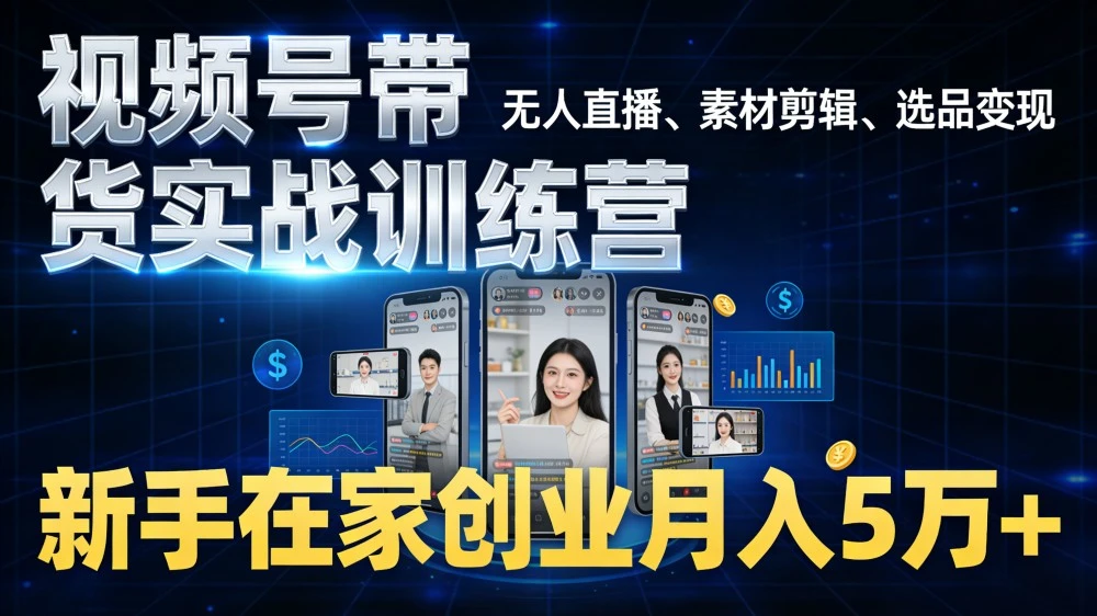 视频号带货实战训练营，无人直播、素材剪辑、选品变现，新手在家创业月入 5 万+