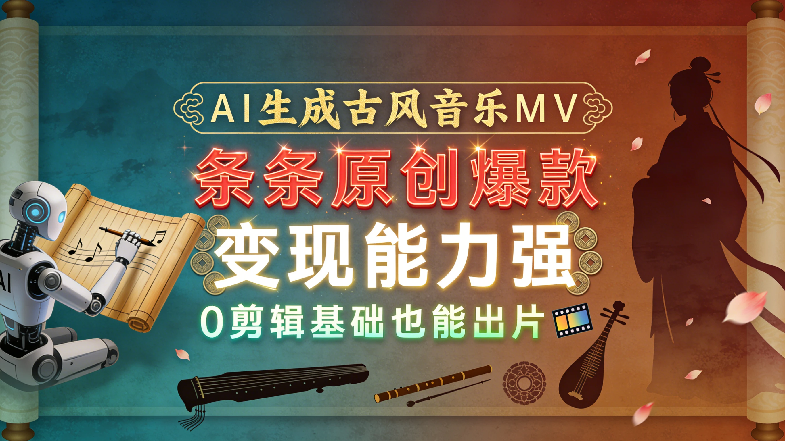 AI 生成古风音乐 MV,条条原创爆款,变现能力强,0 剪辑基础也能出片
