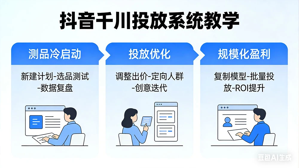 抖音千川投放系统教学：建立科学的投放思维，从测品冷启动到规模化盈利全流程