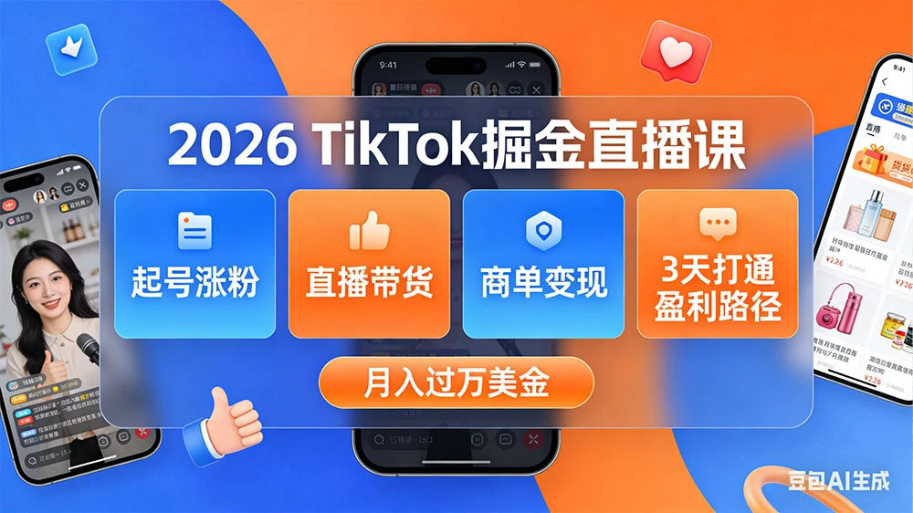 2026 TikTok 掘金直播课，起号涨粉 + 直播带货 + 商单变现 + 3 天打通盈利路径，月入过万美金