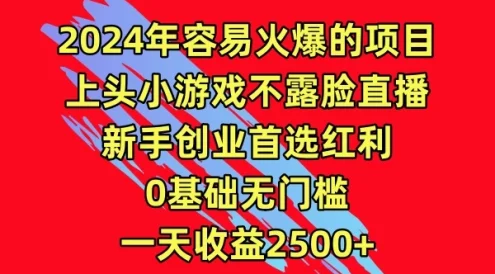 2024年容易火爆的项目，上头小游戏不露脸直播，新手创业首选红利，0基础无门槛，一天收益2500+