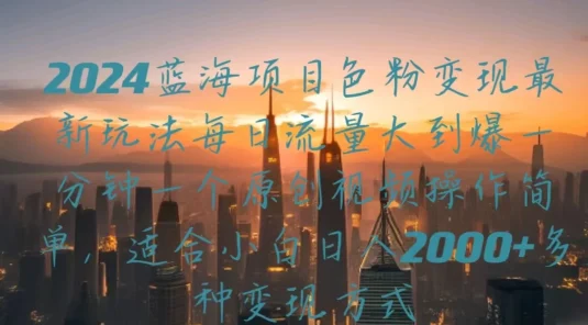 2024蓝海项目，色粉变现最新玩法，每日流量大到爆，一分钟一个原创视频操作简单适合小白，日入2000+多种变现方式