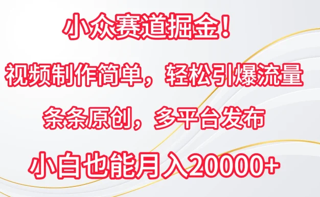 小众赛道掘金!视频制作简单,轻松引爆流量,条条原创,多平台发布,小白也能月入20000+