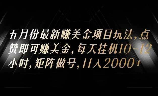 五月份最新赚美金项目玩法，点赞即可赚美金，矩阵做号，日入300+