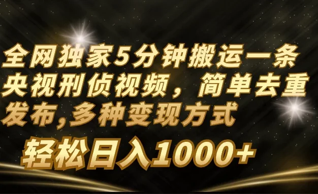 全网独家5分钟搬运一条央视刑侦视频,简单去重发布,多种变现方式,轻松日入1000+