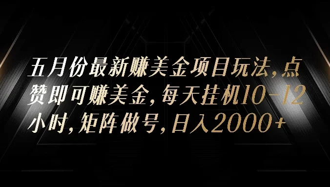 五月份最新赚美金项目玩法，点赞即可赚美金，矩阵做号，日入300+