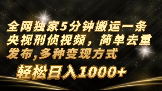 全网独家5分钟搬运一条央视刑侦视频，简单去重发布，多种变现方式，轻松日入1000+