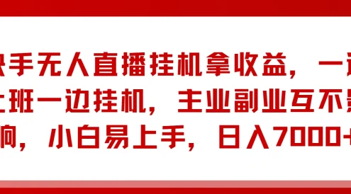 快手无人直播挂机拿收益,一边上班一边挂机,主业副业互不影响,小白易上手,日入7000+