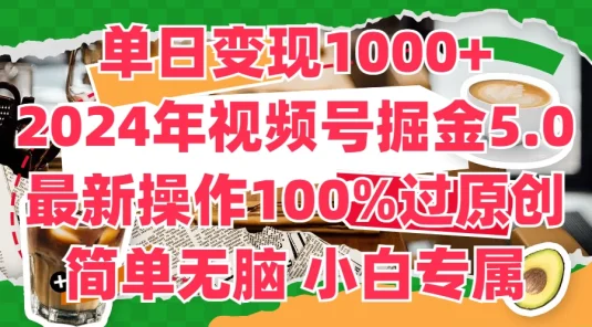 单日变现1000+，2024年视频号掘金5.0，最新骚操作100%过原创玩法，简单无脑，小白专属