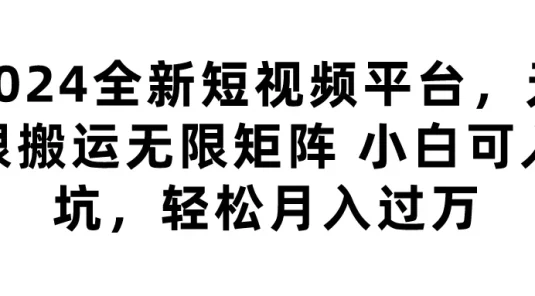 2024全新短视频平台，无限搬运无限矩阵，小白可入坑，轻松月入过万