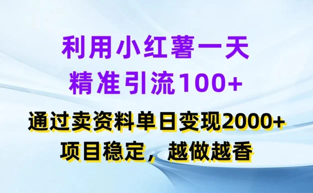 利用小红薯一天精准引流100+,通过卖资料单日变现2000+,项目稳定,越做越香