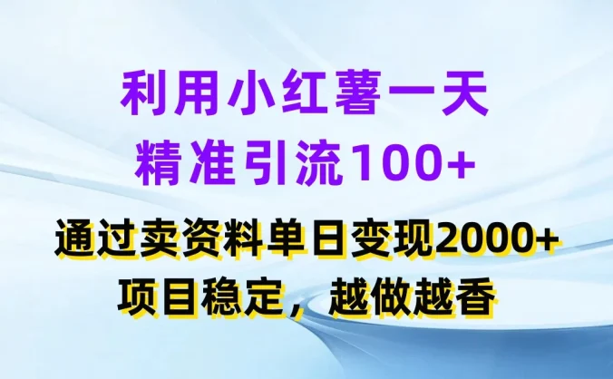 利用小红薯一天精准引流100+,通过卖资料单日变现2000+,项目稳定,越做越香