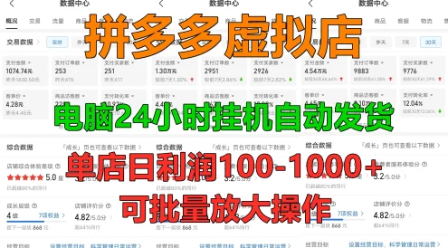 新手首选项目，拼多多虚拟店，电脑挂机自动发货，单店日利润500+，可批量放大操作