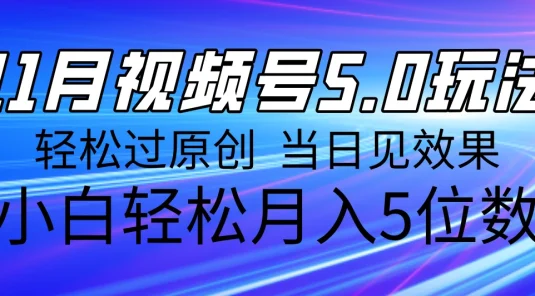 11月最新视频号5.0玩法，轻松过原创，当日见效果，小白轻松月入5位数