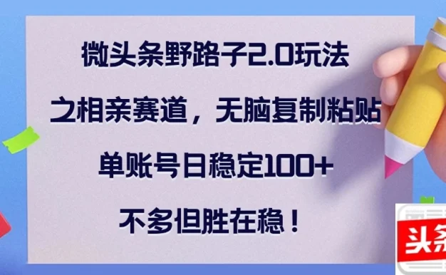 微头条野路子2.0玩法之相亲赛道,无脑复制粘贴,单账号日稳定100+,不多但胜在稳!