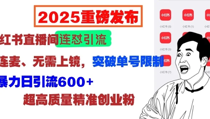 2025重磅发布：小红书直播间连怼引流，无需连麦、无需上镜，突破单号限制，暴力日引流600+超高质量精准创业粉