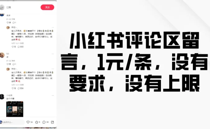 小红书评论区留言，1元条，没有要求，没有上限