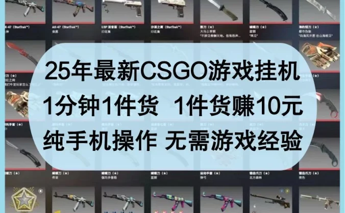25年最新CSGO游戏挂机,1分钟1件货,1件货赚10元,纯手机操作,无需游戏经验