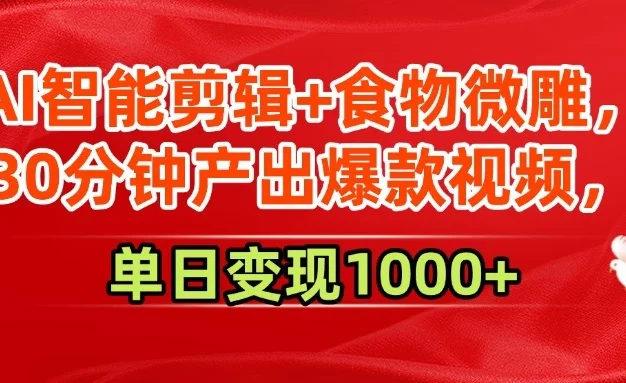 AI智能剪辑+食物微雕，30分钟产出爆款视频，单日变现1000+