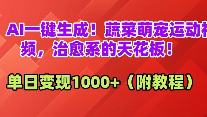 🔥AI一键生成！蔬菜萌宠运动视频，治愈系的天花板！单日变现1000+（附教程）