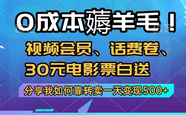 0成本薅羊毛！视频会员、话费卷、30元电影票白送，分享我如何靠转卖一天变现500+