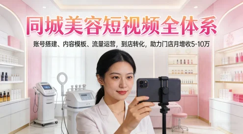 同城美容短视频全体系，账号搭建、内容模板、流量运营，到店转化，助力门店月增收5-10万