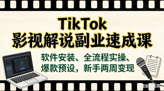TikTok 影视解说副业速成课，软件安装、全流程实操、爆款预设，新手两周变现