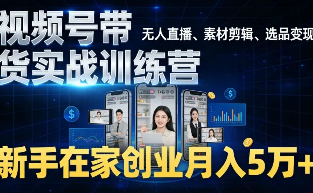 视频号带货实战训练营,无人直播、素材剪辑、选品变现,新手在家创业月入 5 万+