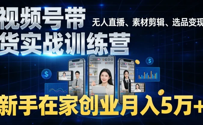 视频号带货实战训练营,无人直播、素材剪辑、选品变现,新手在家创业月入 5 万+
