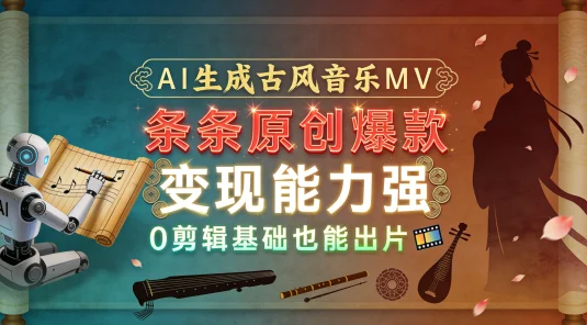 AI 生成古风音乐 MV，条条原创爆款，变现能力强，0 剪辑基础也能出片