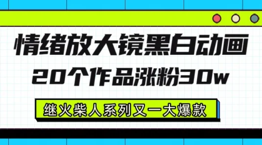 情绪放大镜黑白线条动画风格，20 个视频，涨粉 30W，继火柴人系列又一大爆款