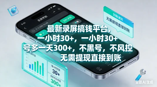 最新录屏搞钱平台，一小时 30+，号多一天 300+，不黑号，不风控，无需提现直接到账