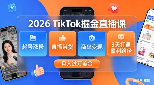 2026 TikTok 掘金直播课，起号涨粉 + 直播带货 + 商单变现 + 3 天打通盈利路径，月入过万美金