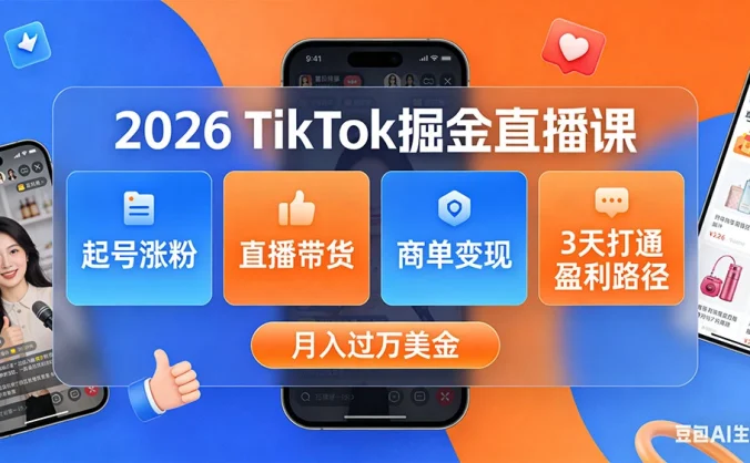 2026 TikTok 掘金直播课，起号涨粉 + 直播带货 + 商单变现 + 3 天打通盈利路径，月入过万美金